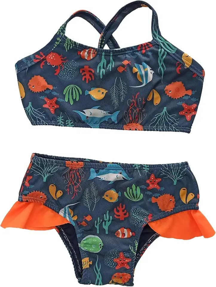 Biquíni infantil azul fundo do mar estampado 0 a 16 anos