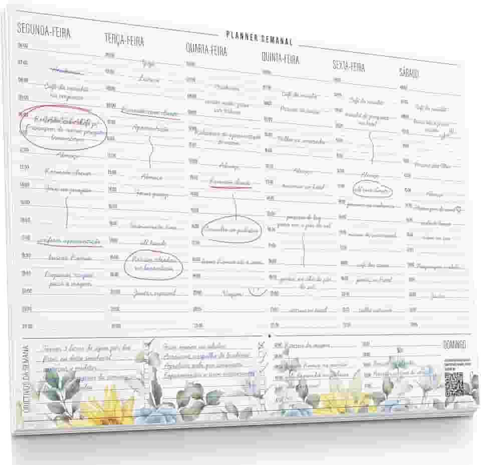 Planner Semanal com Horário A4 – Organização Semanal, Agenda de Mesa com Estampa Floral, 50 Folhas