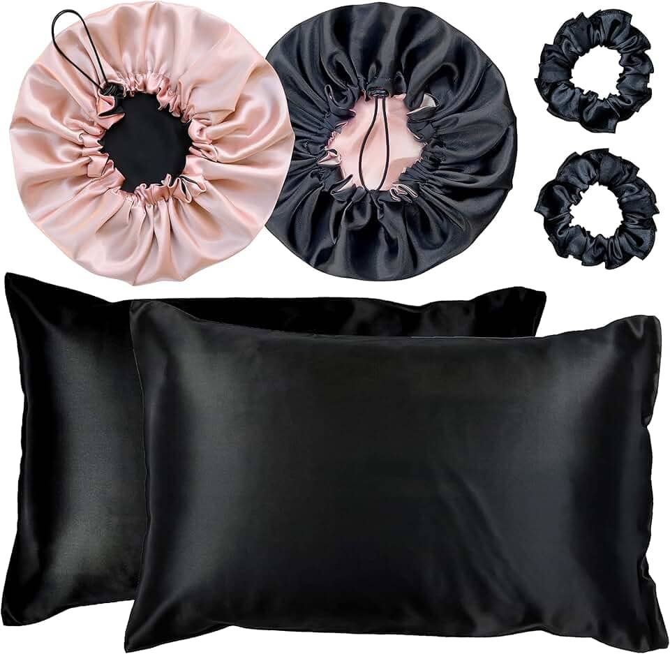 Kit 2 Fronha De Cetim Seda + 2 Toucas + 2 Xuxinhas (Preto/Champagne)