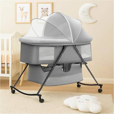 PIPDIP Berço De Balanço Para Bebês, Até 5 Meses de Idade, Suporta até 15kg, Ergonômico, Trava nas Rodinhas, Cinza.