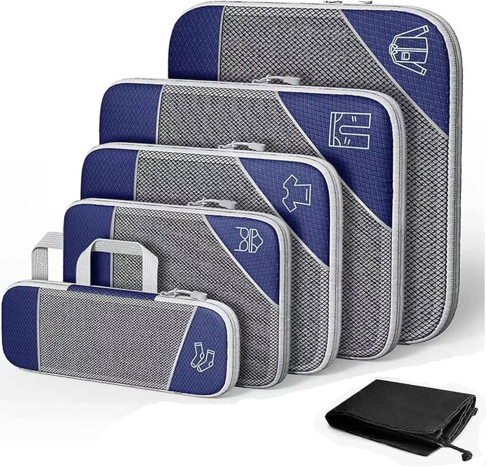1 conjunto de cubos de embalagem de compressão para viagem expansível organizadores de embalagem,Organizador de Bagagem de Malha de mazenamento,6 peças (Azul-marinho)