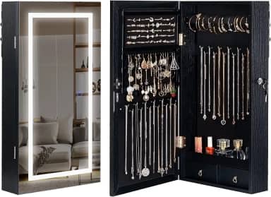 LAVIEVERT Armário de joias com espelho iluminado por LED, espelho sem moldura montado na parede/porta com 3 luzes coloridas, armário de joias bloqueável pendurado organizador de joias com 2 gavetas -