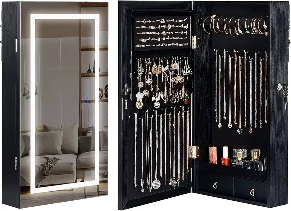 LAVIEVERT Armário de joias com espelho iluminado por LED, espelho sem moldura montado na parede/porta com 3 luzes coloridas, armário de joias bloqueável pendurado organizador de joias com 2 gavetas -