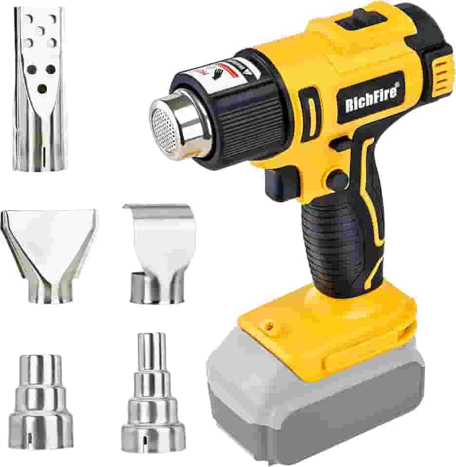 RichFire Pistola De Ar Quente Sem Fio, 350 W, 572 ℉-1022 ℉ (300 ℃-550 ℃), Aquecimento Rápido, Para Bateria Dewalt 20 V, 5 Bicos Dobrar Tubos, Encolher Pvc, Remover Tinta (Apenas Ferramenta, Bateria)