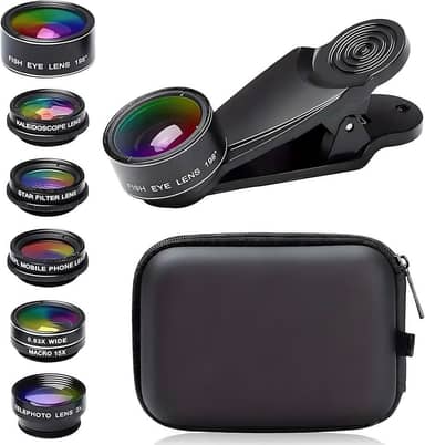 Kit de lentes de câmera de celular 7 em 1, para iPhone, para Samsung, para smartphone Android, clipe universal em grande angular + macro + lentes de câmera olho de peixe (preto)