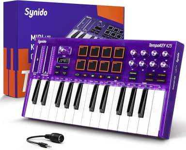 Synido Controlador de teclado MIDI USB C com 25 teclas com 8 pads de bateria retroiluminados, tela OLED, mini teclado MIDI portátil para produção musical – roxo, TempoKEY K25