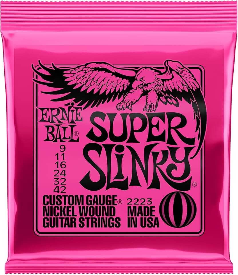 Cordas para guitarra elétrica Ernie Ball Super Slinky, revestimento de níquel, calibre 9-42