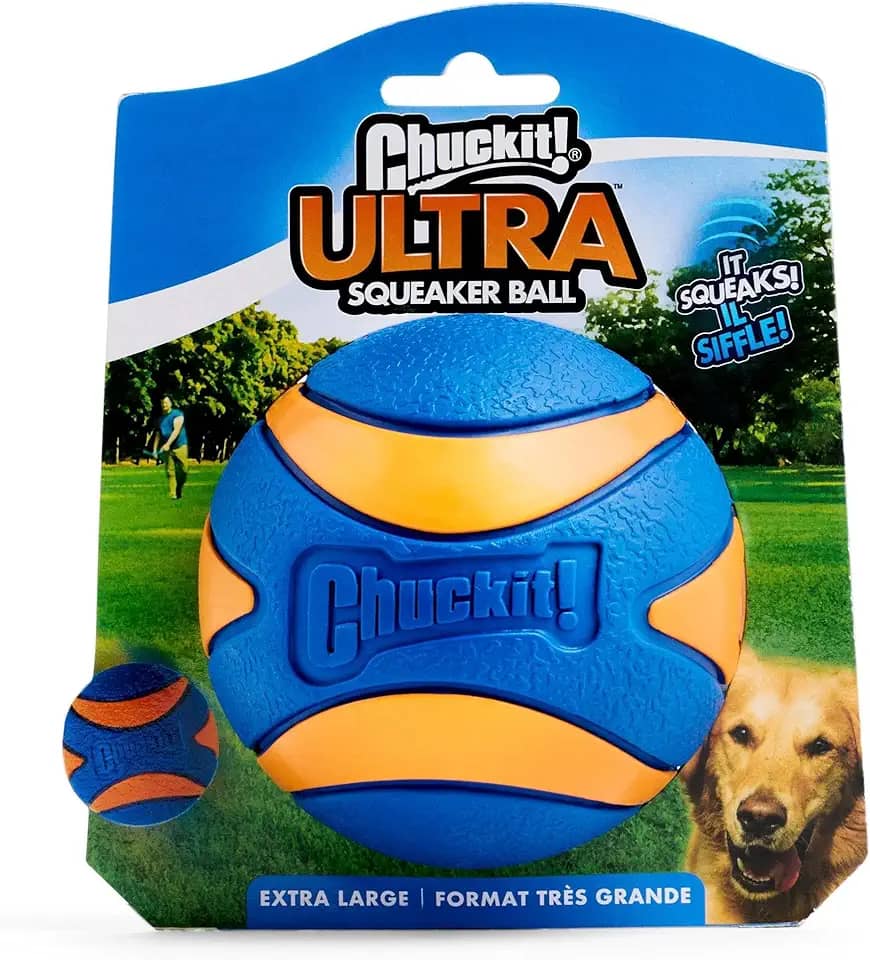 Bola para cães Chuckit Ultra Squeaker – Brinquedo extra grande para cães com mais de 100 libras – Flutua na água – Borracha durável – Tamanho GG – 8,9 cm de diâmetro – Pacote com 1