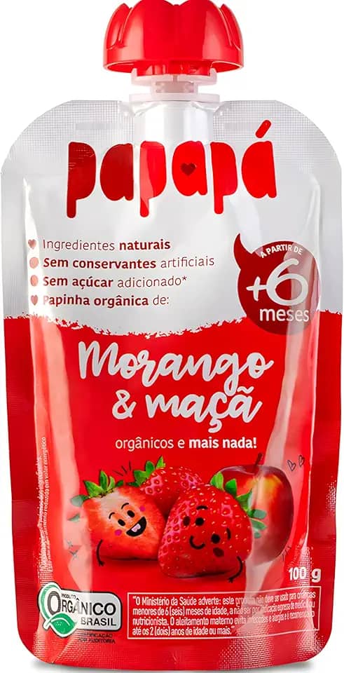 Papapá, Papinha infantil, Orgânico, Sabor Morango & Maçã, 100g, Vermelho
