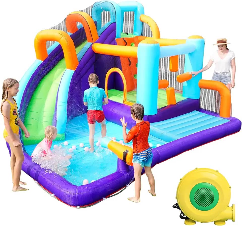 SunSports Casa Inflável Do Salto Da Corrediça De Água, 10 Em 1 Casa Saltitante Para Crianças Ao Ar Livre, Parque Aquático Inflável Com Ventilador, Corrediças De Água Para O Quintal Das Crianças