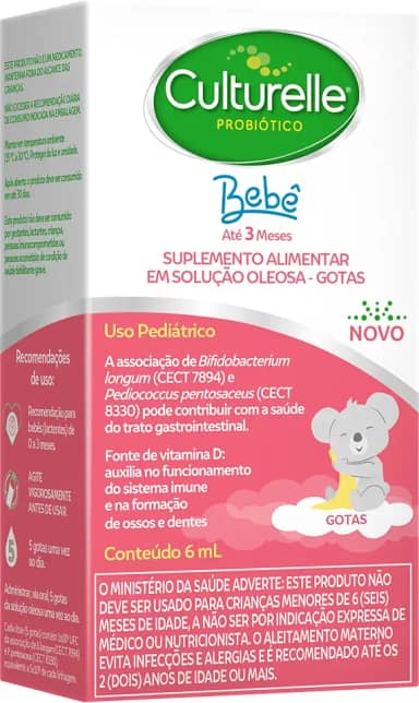 Culturelle Probiótico Gotas, Com 2 Cepas Probióticas, Sem Glúten, Sem Lactose, Para Bebês de até 3 meses, Sem Sabor, 6 ml
