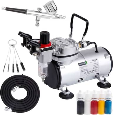 TIMBERTECH Timbertech Airbrush Kit With Compressor AS18-2K Basic Start Kit With Air Hose, Cleaning Brushes, and Test Paints for Hobby, Body Tattoo, Model painting, Automotive Graphic, Make-up