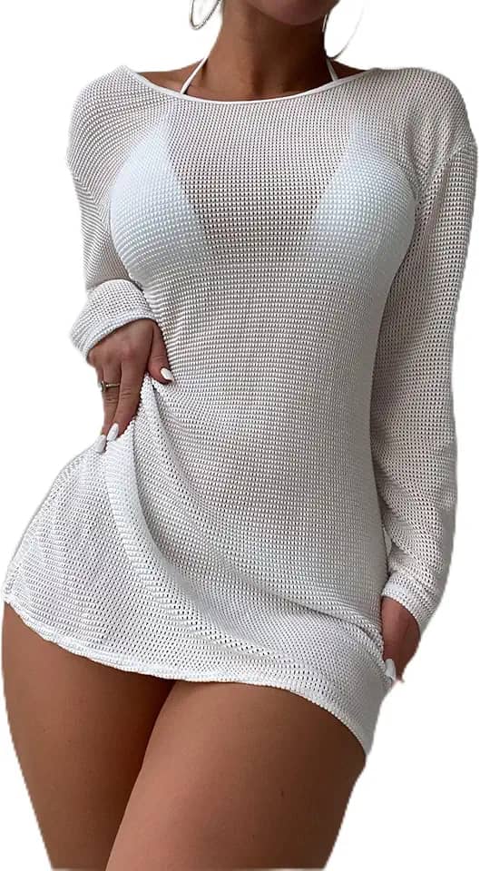 Saída de praia feminina de crochê com manga comprida e manga comprida