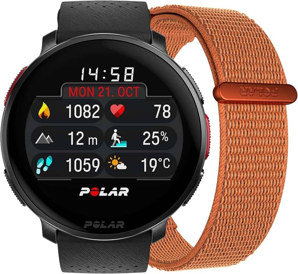 Polar Vantage V3 Preto + Pulseira Laranja Nylon com Velcro Laranja - Relógio esportivo GPS, monitor de frequência cardíaca e bateria duradoura, Smartwatch, mapa offline, relógio de corrida e triatlo