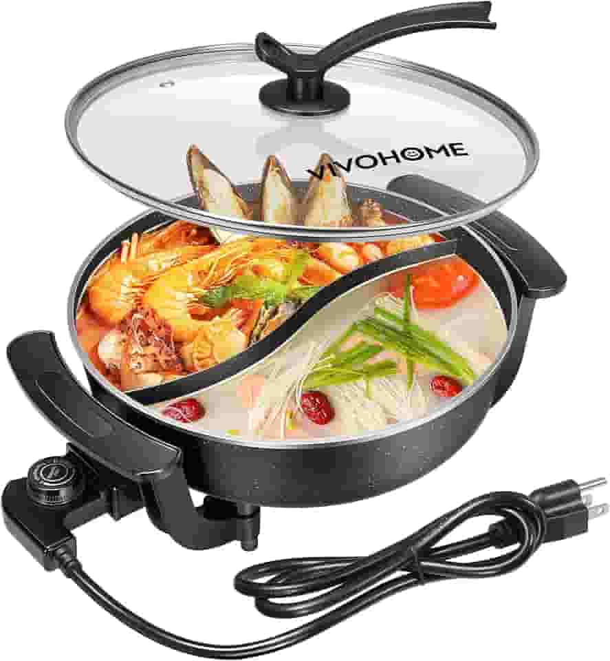 VIVOHOME Panela Elétrica Antiaderente Shabu-Shabu De 6 Litros Com Divisórias, 110 V, Livre Bpa, Tampa Vidro Temperado Para Fondue, Festas 1 A Pessoas, Jantar Em Família