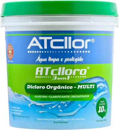 AtCllor, Cloro multifuncional 3 em 1, Orgânico, Concentrado e estabilizado para piscina, Clarifica, Algicida, Decanta, AtClloro, Teor de ativo 36,47%, Granulado, 10 Kg, Verde
