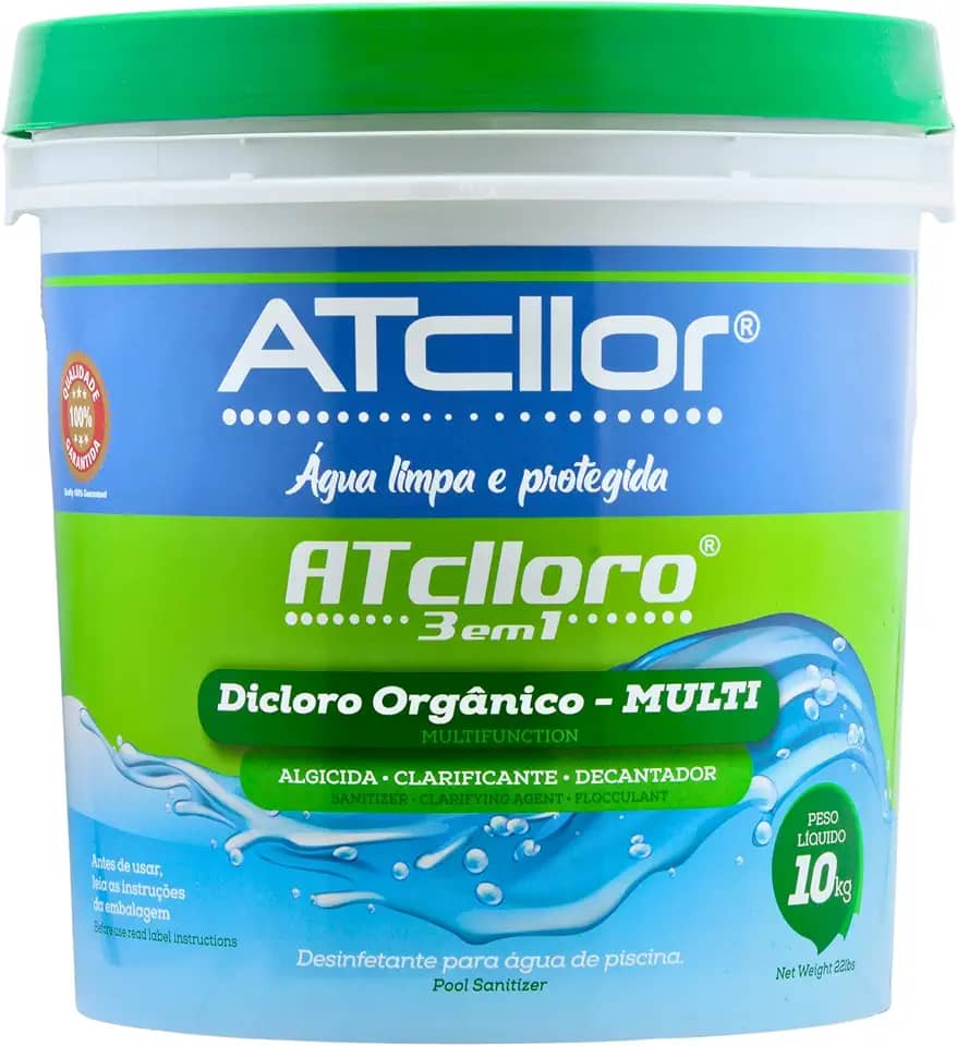 AtCllor, Cloro multifuncional 3 em 1, Orgânico, Concentrado e estabilizado para piscina, Clarifica, Algicida, Decanta, AtClloro, Teor de ativo 36,47%, Granulado, 10 Kg, Verde