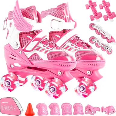 Patins Infantil 2 Em 1 Ajustável Patins 4 Rodas, Patins Quad, Patins Infantil Menina, Ajustável com Bolsa e Kit Proteção, Para meninas, meninos e iniciante