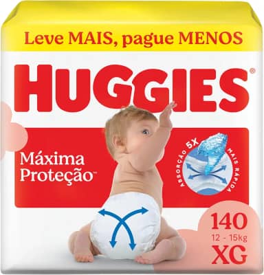 Fralda Descartável Huggies Máxima Proteção Tamanho XG 140 unidades – Nova fralda Supreme Care aberta com tecnologia Xtra-Flex, canais em X que se adaptam aos movimentos e máxima proteção sem fralda caída (embalagem pode variar)