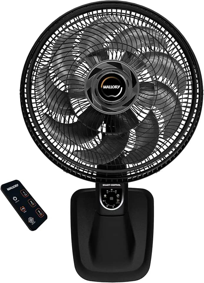Ventilador de Parede Mallory Smart Control – Controle Remoto, Oscilação Direcionada, Potência de 140W, Sistema Smart Swing, Hélice de 15 Pás – Preto/Grafite - 220V