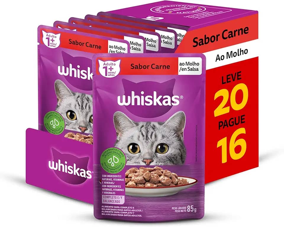Pack Ração Úmida Whiskas Sachê Carne ao Molho para Gatos Adultos - Leve 20 Pague 16