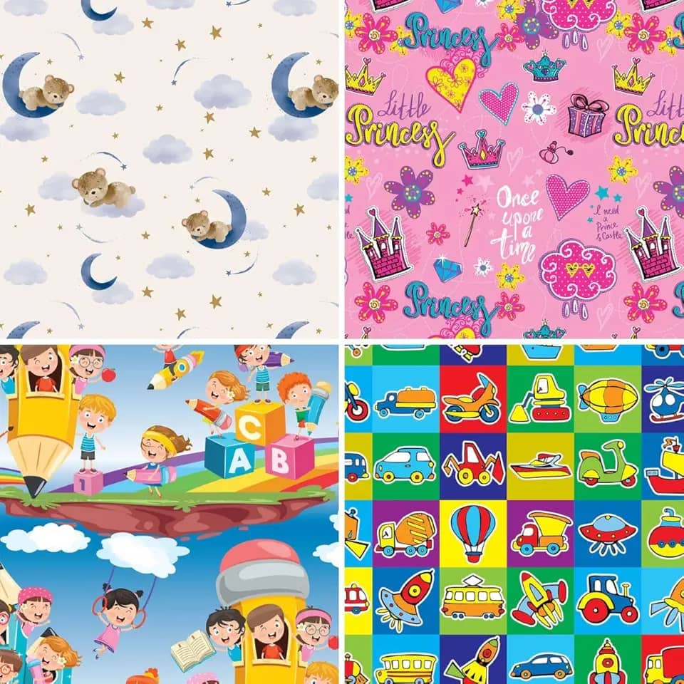Papel para Presente, 50cm X 60cm, Couchê, Fantasia, Infantil I, 4 Estampas Sortidas, Pacote com 40 Folhas, Gessele