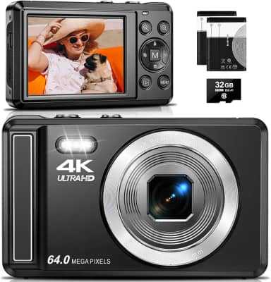 Câmera Digital 4K 64MP com Foco Automático,Fotográfica para Vlog, Zoom, Tela 2.8 Polegadas,fotografia, Cartão SD de 32GB, 2 Baterias, Câmera Compacta,para Adolescentes e Iniciantes, Flash