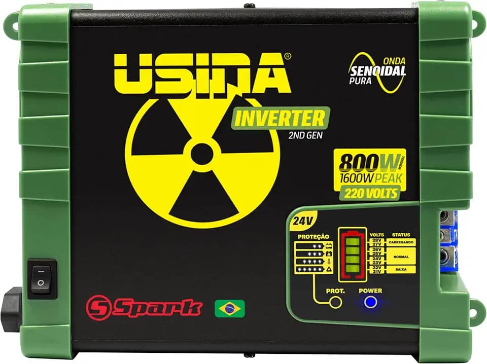 USINA Inversor 800W Onda Senoidal Pura, Off-Grid, Entrada 24VDC, Saída 220VAC, Pico 1600W