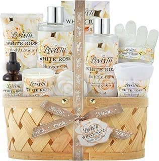 LOVESTEE Cesta de Presente para Spa de Banho e Corpo para Mulheres, Melhor Presente para O Natal, Dia Das Mães e Aniversário, Conjunto de Loção Corporal de Rosa Branca, Gel de Banho, Banho de Espuma, Sal de Banho, Toalha, Sabonete, Óleo, Vela, Luvas,