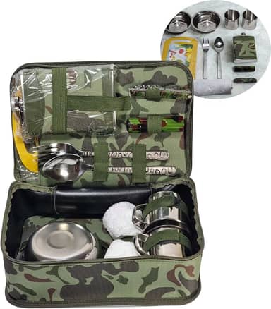 Kit de Utensílios Camping Camuflado – Talheres, Pratos e Copos Aço Inox + Estojo Militar – Conjunto Completo para Trilha e Acampamento ao Ar Livre