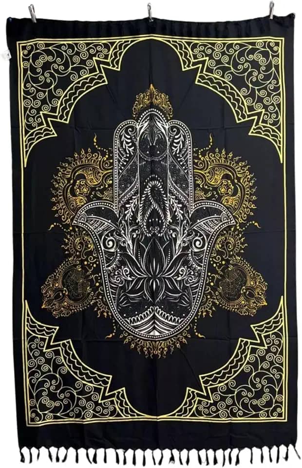 Canga Praia Hamsa, Mandala Dourada com Franjas, Estampa Mão de Fátima