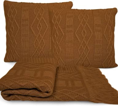 Manta Tricot Sofa Decorativa 150x90cm +2 Capas Almofada A03 (COGNAC)