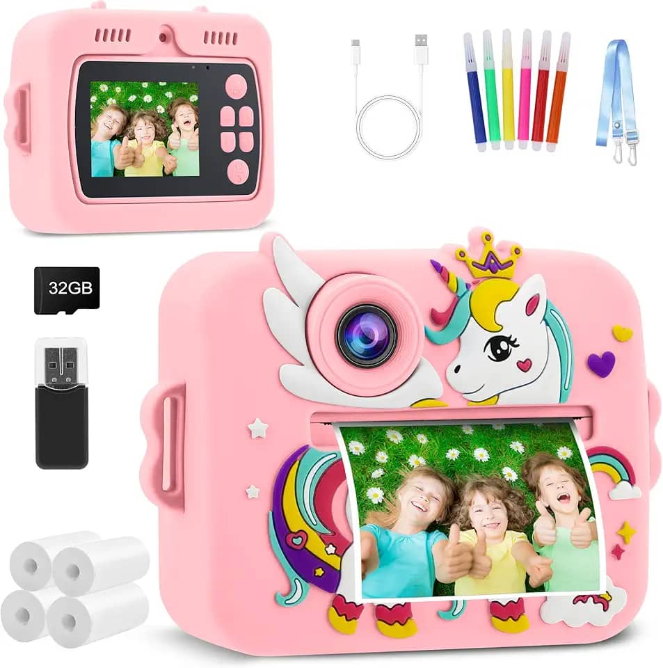 Câmera Infantil, Portátil Digital, Pode Selfie com 32GB Cartão, Papel Fotográfico, Canetas Coloridas, Vídeo HD, Brinquedos Meninas Meninos com Crianças de 3 a 14 Anos (Rosa)