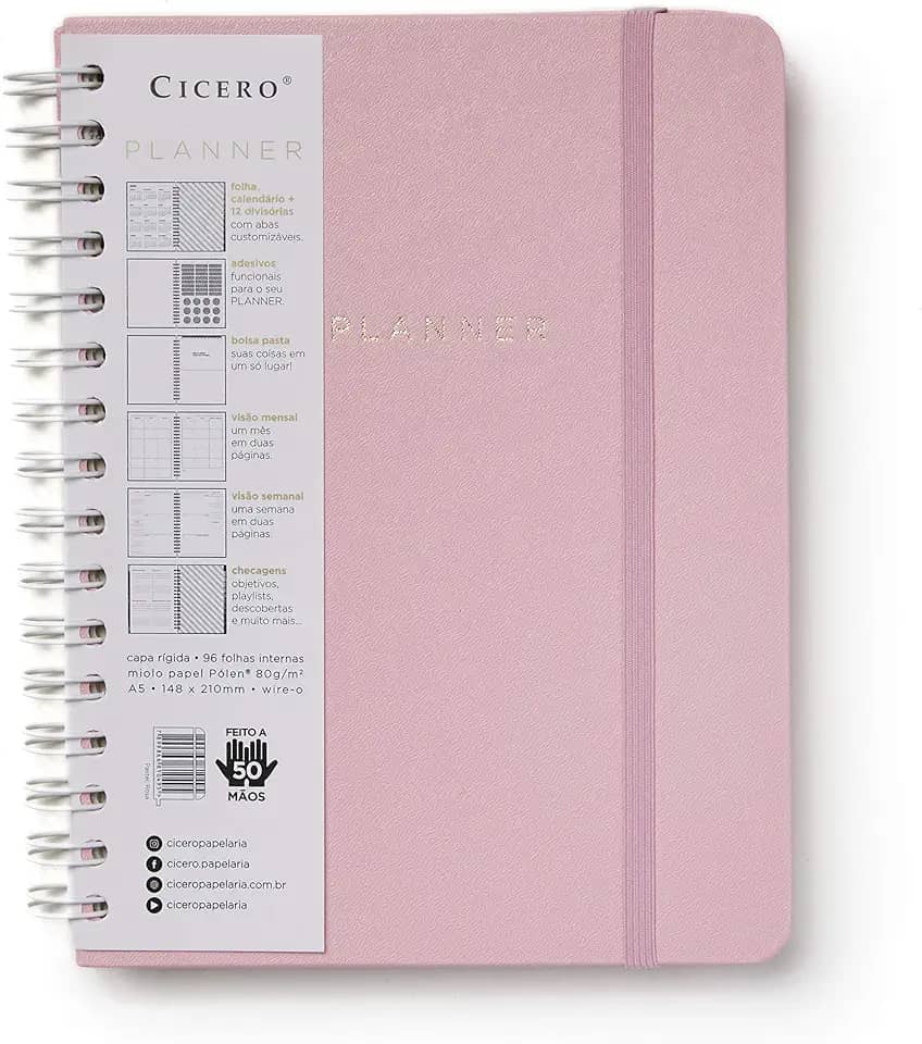 Planner Wire-o Pastel, Rosa, Mensal e Semanal, 96 Folhas, Papel Pólen 80g/m², Tamanho A5 (Grande)