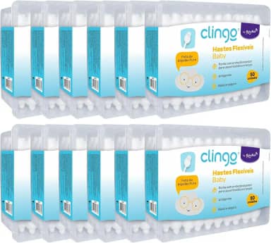 Clingo Kit Hastes Flexíveis de Algodão para Bebê, Pack 12 Caixas com 50 Unidades cada, Ponta Especial de Segurança, 100% Algodão Puro, Macio e Seguro.