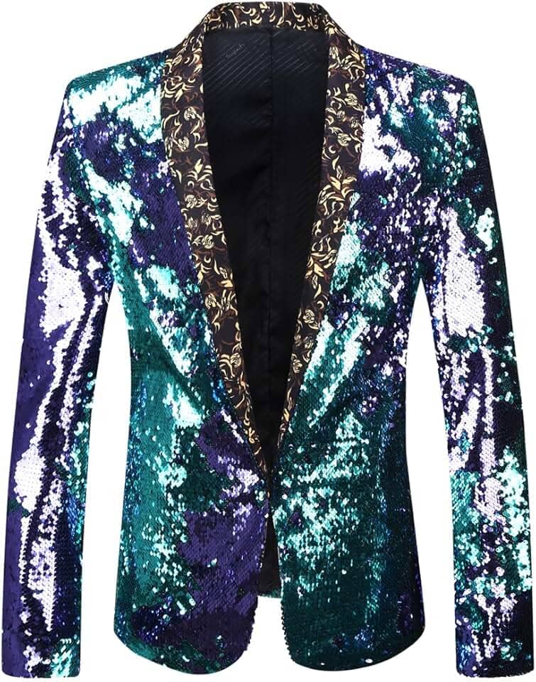 Blazer masculino Pyjtrl elegante com duas cores de lantejoulas brilhantes e conversível