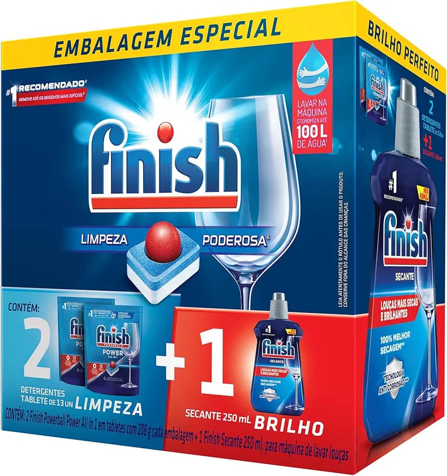 Kit Finish 2 Detergente Power Ball 13 Tabs + Secante Lava Louça 250mL