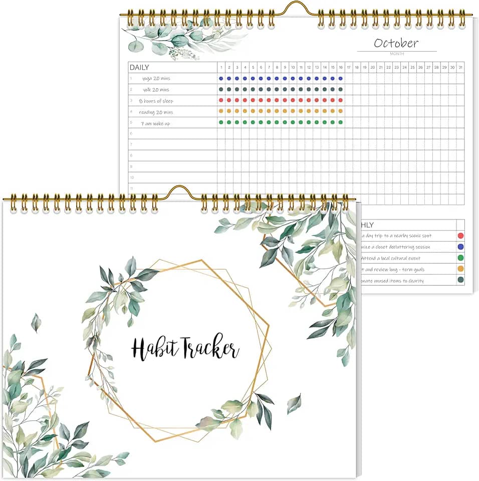 Calendário de rastreador de hábitos, diário de 12 meses com encadernação espiral, planejador mensal semanal sem data para aumentar a produtividade e o autoaperfeiçoamento, 21,5 x 28 cm (verde)