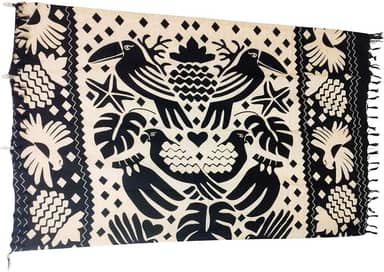 Canga Praia Étnico, Preto e Bege, Estampa Floral Geométrica, Estilo Boho Farmmy, com Franjas