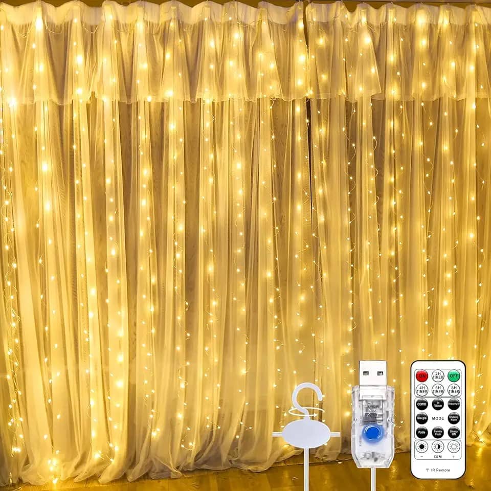Cortina de LED 3x3m 300 LEDs Branca Quente | Pisca Pisca Cascata USB com Controle Remoto, 8 Modos, Temporizador, à Prova d’Água IP68 | Decoração de Natal, Festa, Casamento e Casa (Branco Quente)