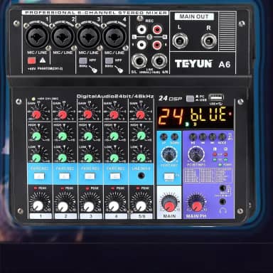 TE-YUN Mesa de Som Profissional 6 Canais | Mixer de Áudio com Bluetooth 5.0, USB, Entrada FX e 48V Phantom Power | Compatível com PC, Microfone, Instrumentos, Estúdio