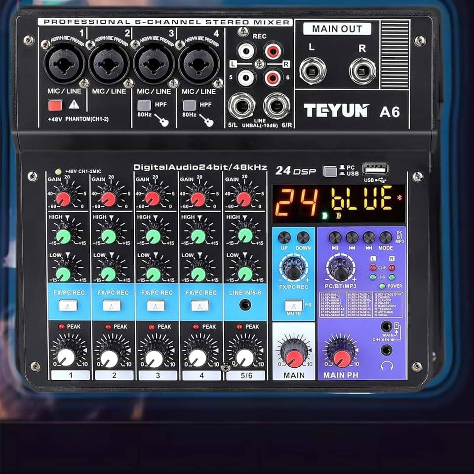 TE-YUN Mesa de Som Profissional 6 Canais | Mixer de Áudio com Bluetooth 5.0, USB, Entrada FX e 48V Phantom Power | Compatível com PC, Microfone, Instrumentos, Estúdio