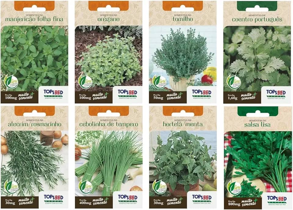 Kit 8 Sementes de Horta Temperos Alecrim Cebolinha Hortela Manjericao Oregano Tomilho Coentro Naturais Jardim Caseiro