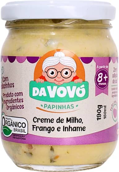 Da Vovó, Papinha Infantil, Linha + 8, Orgânica, Sabor Creme de milho, Frango e Ihame, 100ml