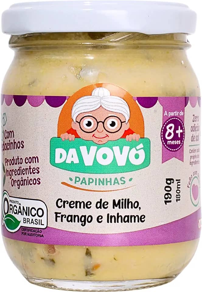 Da Vovó, Papinha Infantil, Linha + 8, Orgânica, Sabor Creme de milho, Frango e Ihame, 100ml