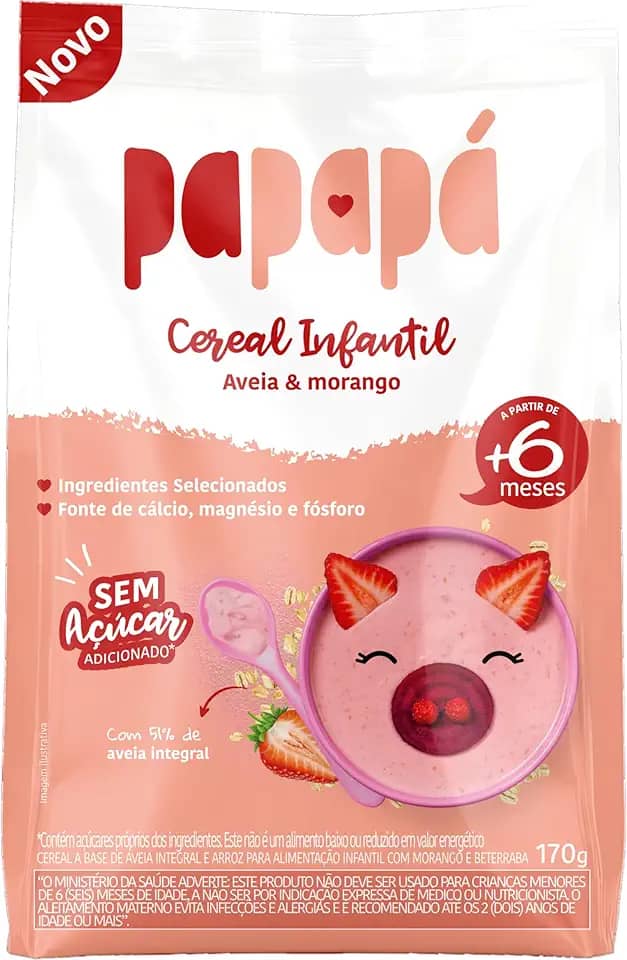 Papapá, Cereal infantil, Petit Cereal, Avêia Integral com Morango & Beterraba, Pouch, 170g, Rosa