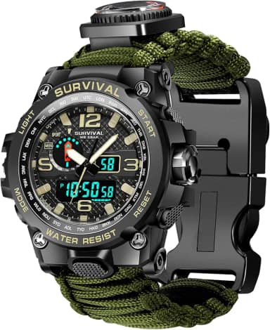 Relógio tático militar 23 em 1 para homens, relógios de sobrevivência multifuncionais à prova d'água ao ar livre com apito de bússola, iniciador de fogo e termômetro, pulseiras de relógio Paracord com equipamento militar ao ar livre