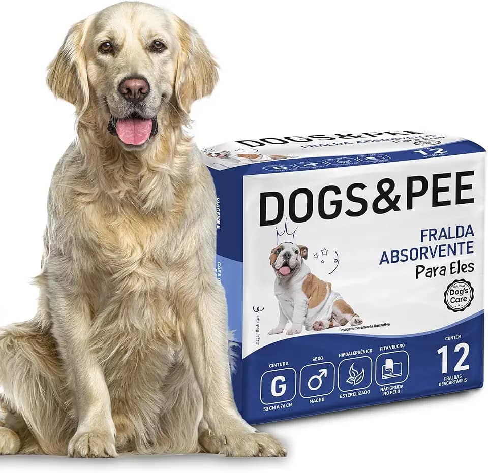DOG’S CARE Dogs&Pee Fralda Descartável Para Cães Machos - Fralda Absorvente Para Cachorros Idosos e Filhotes - Tamanho G - Cintura 53 a 76cm - 12 Unidades