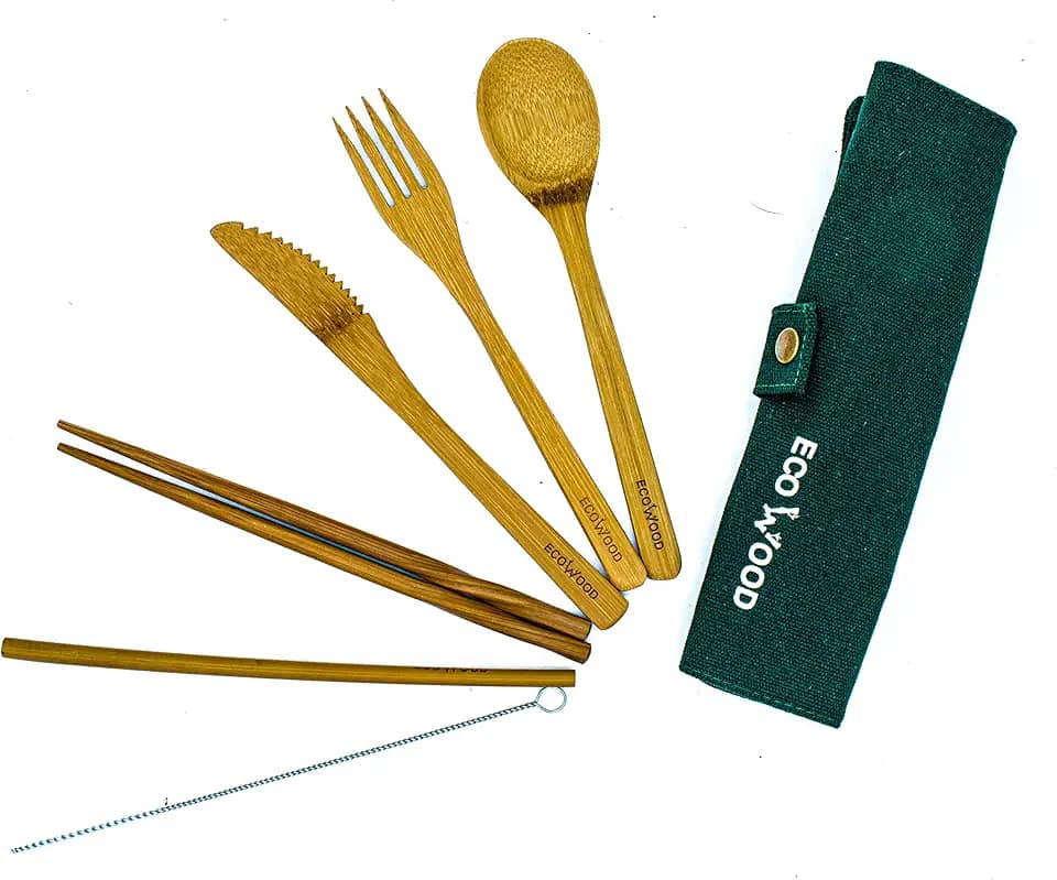 Ecowood Conjunto de talheres de bambu – inclui 7 peças – conjunto de utensílios de bambu portátil para cozinha, viagem, escola (verde)
