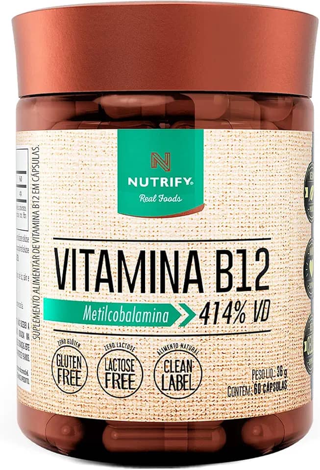 Nutrify - Vitamina B12 - Metilcobalamina 414% VD - Multivitamínico - Suplemento Alimentar para o Metabolismo Energético - Vegano e Livre de Aditivos Artificiais - 60 Cápsulas